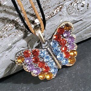 Rustic Antique Bronze Rhinestones Butterfly Pendant Necklace Vegan Leather Cord